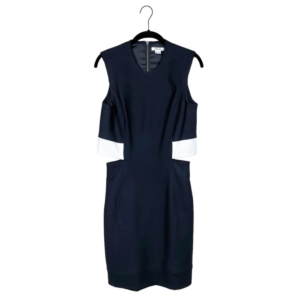 Helmut Lang Black Crew Neck Sleeveless White Leather Trim Cutout Sheath Dress 2